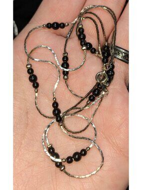 Vintage Black Beaded Necklace With Silver-Tone Chain 28 Inches Made In Korea